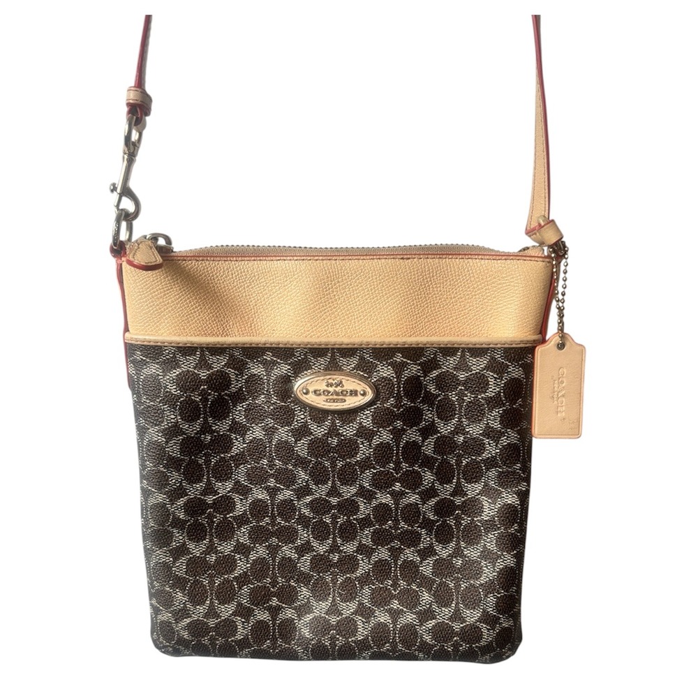 Vintage Coach Courier Crossbody Bag Signature Monogram Tan Leather Brown 53006